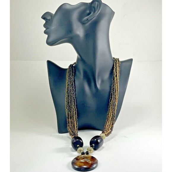Resin Shell Inlay Oval Pendant and Beaded Necklace Brown Tan Gold Tone Chunky - Picture 11 of 16